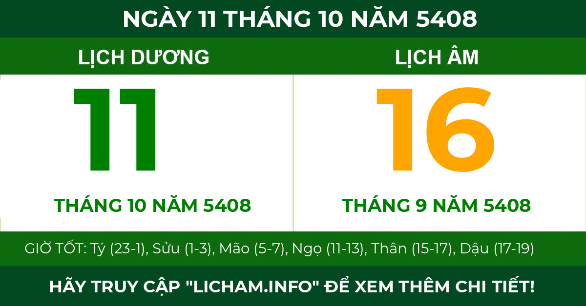 lịch âm ngày 11 tháng 10 năm 5408