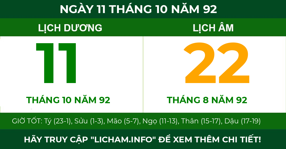 lịch âm ngày 11 tháng 10 năm 92