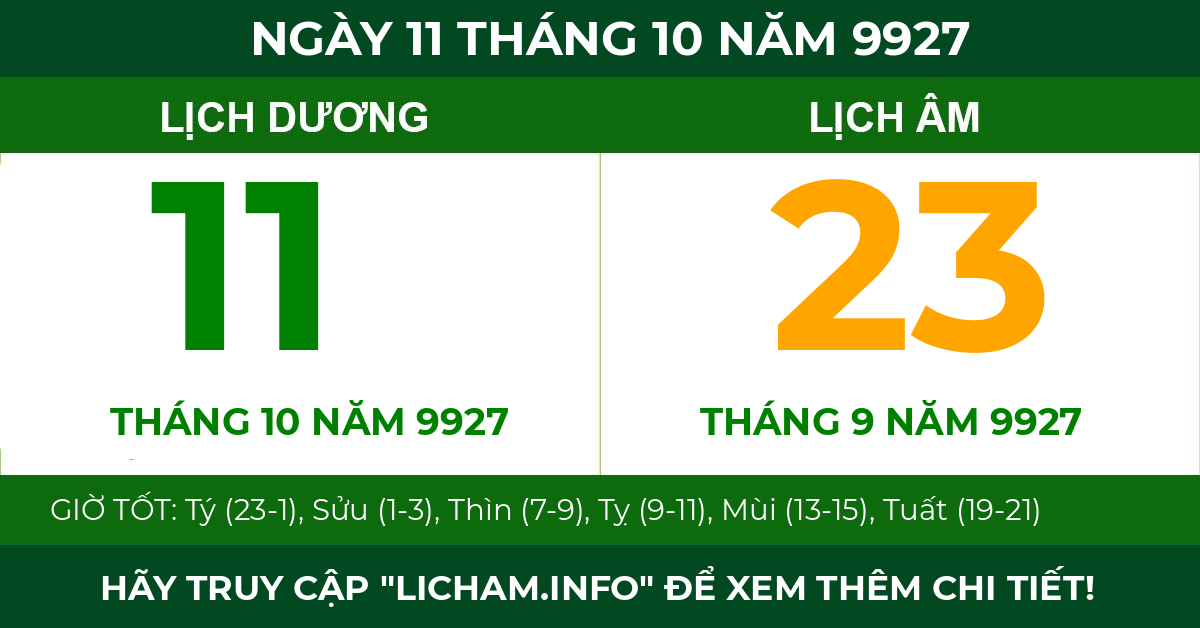 lịch âm ngày 11 tháng 10 năm 9927