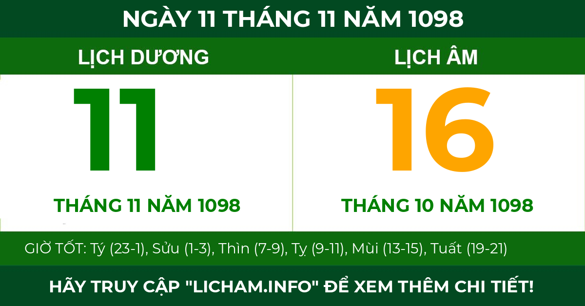 lịch âm ngày 11 tháng 11 năm 1098