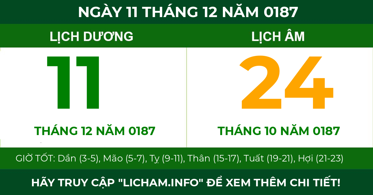 lịch âm ngày 11 tháng 12 năm 0187