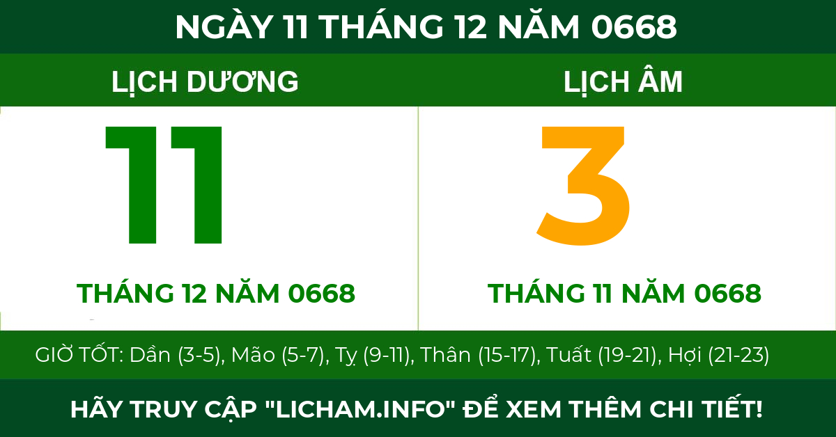 lịch âm ngày 11 tháng 12 năm 0668