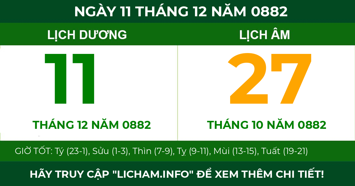 lịch âm ngày 11 tháng 12 năm 0882