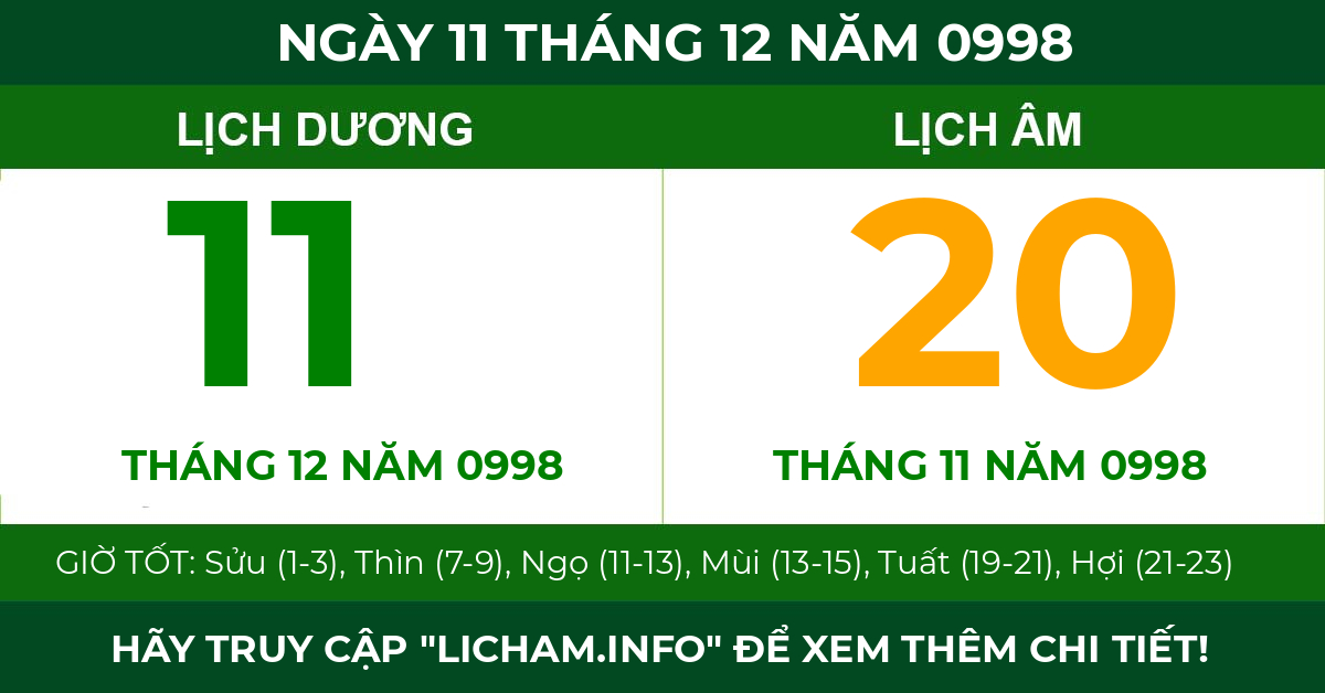lịch âm ngày 11 tháng 12 năm 0998
