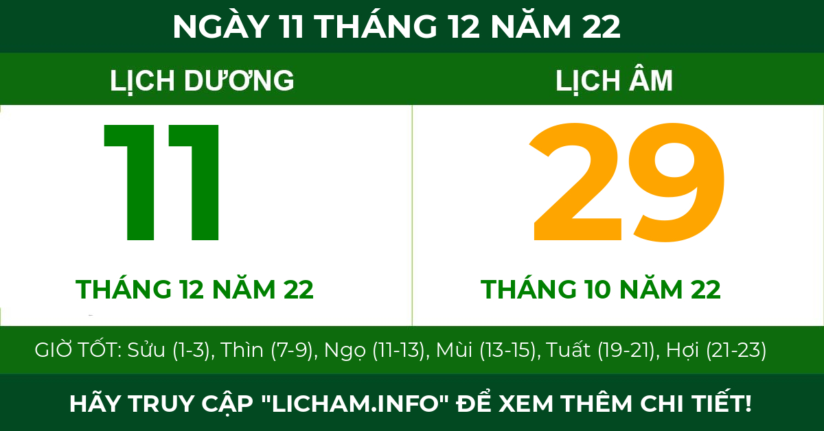 lịch âm ngày 11 tháng 12 năm 22