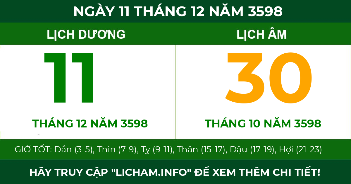lịch âm ngày 11 tháng 12 năm 3598