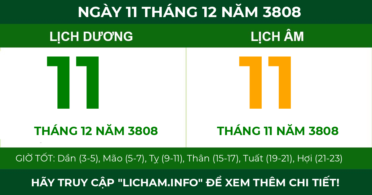 lịch âm ngày 11 tháng 12 năm 3808
