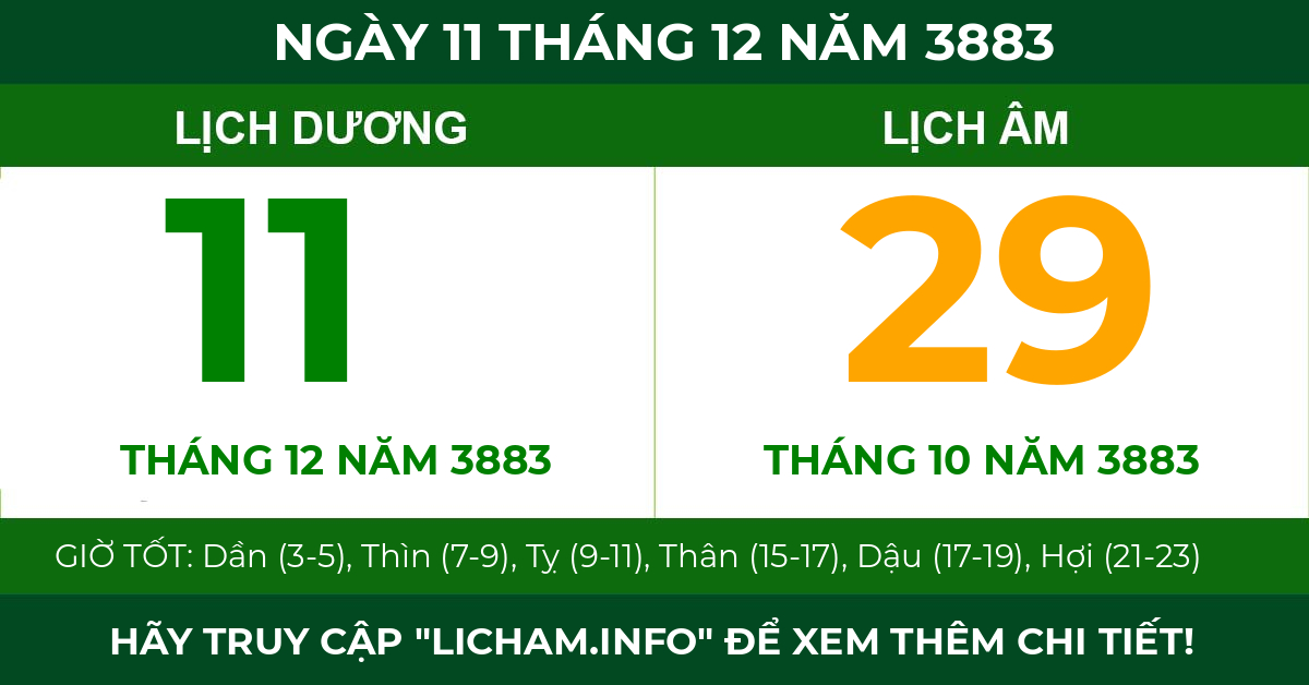 lịch âm ngày 11 tháng 12 năm 3883