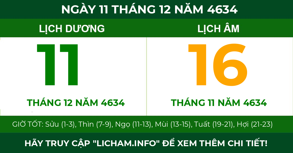 lịch âm ngày 11 tháng 12 năm 4634