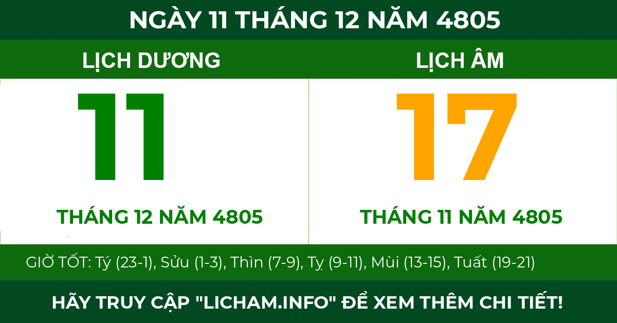 lịch âm ngày 11 tháng 12 năm 4805