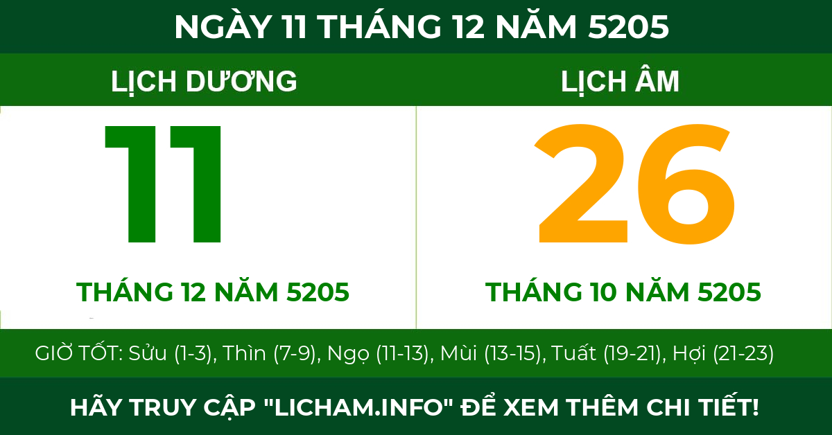 lịch âm ngày 11 tháng 12 năm 5205