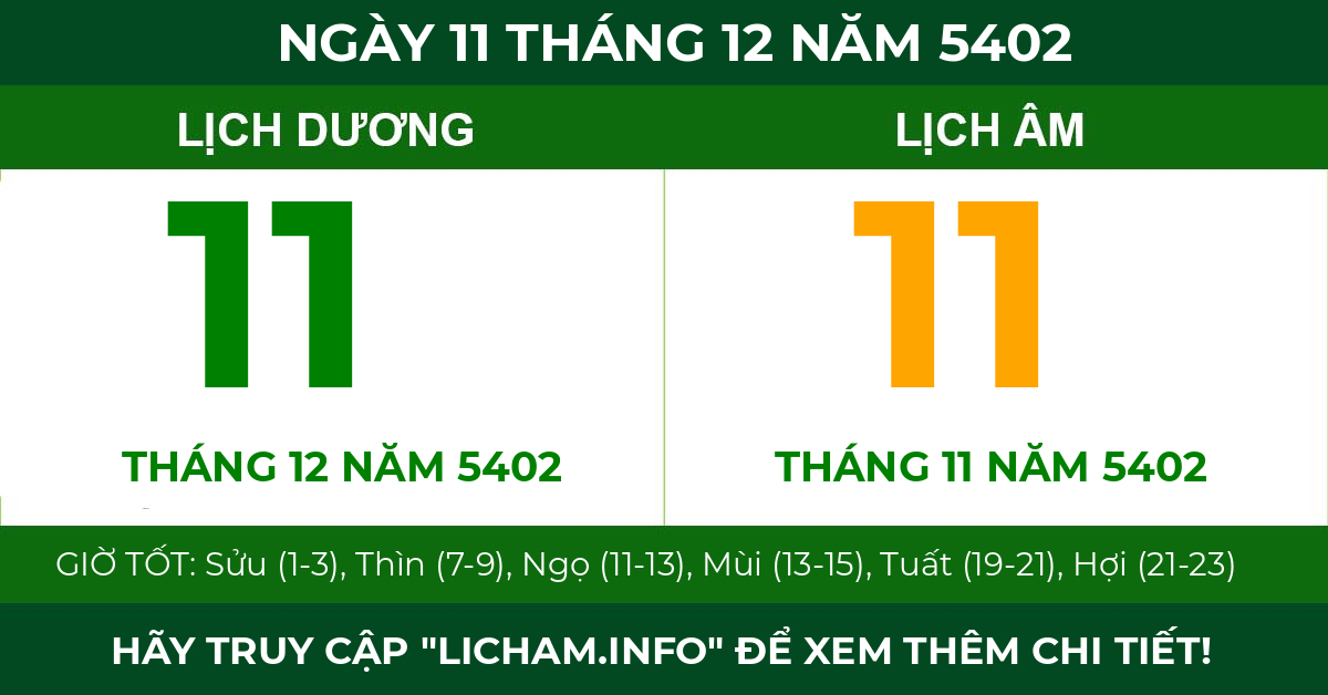 lịch âm ngày 11 tháng 12 năm 5402
