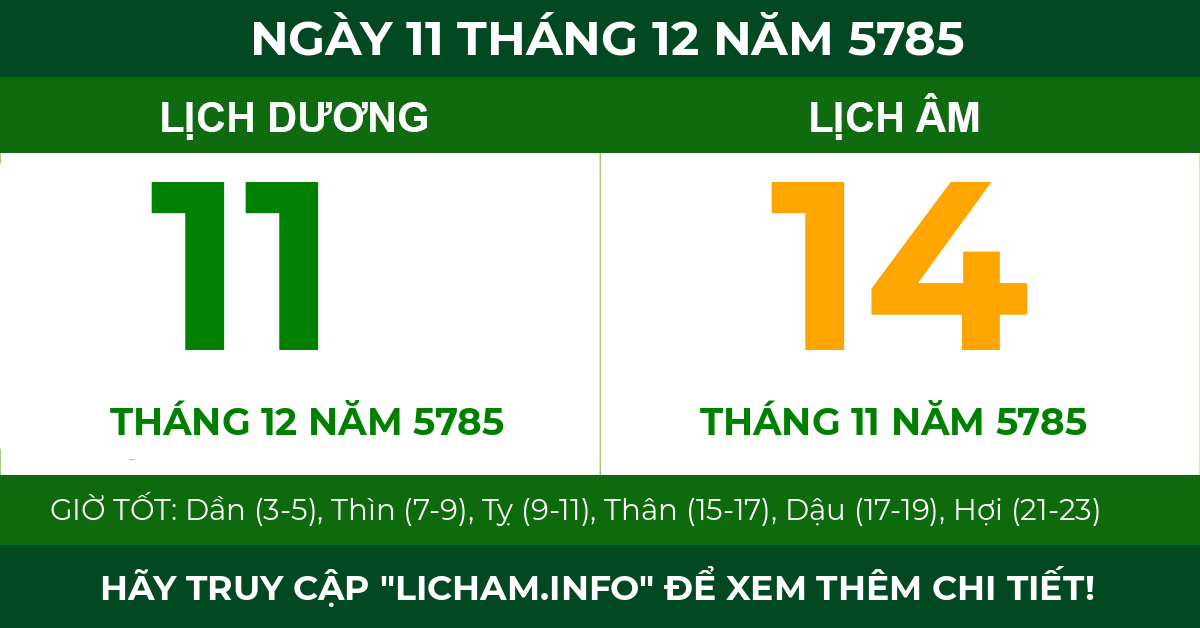lịch âm ngày 11 tháng 12 năm 5785