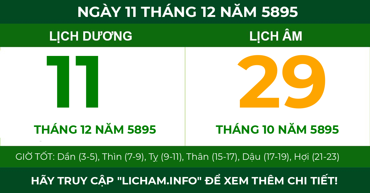 lịch âm ngày 11 tháng 12 năm 5895