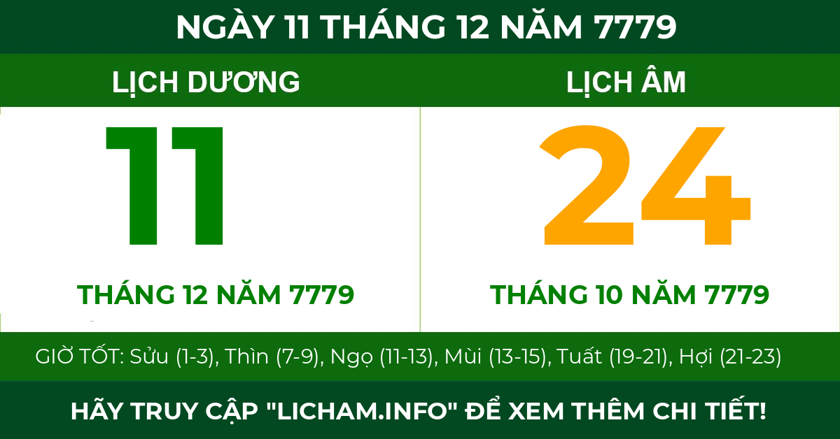 lịch âm ngày 11 tháng 12 năm 7779