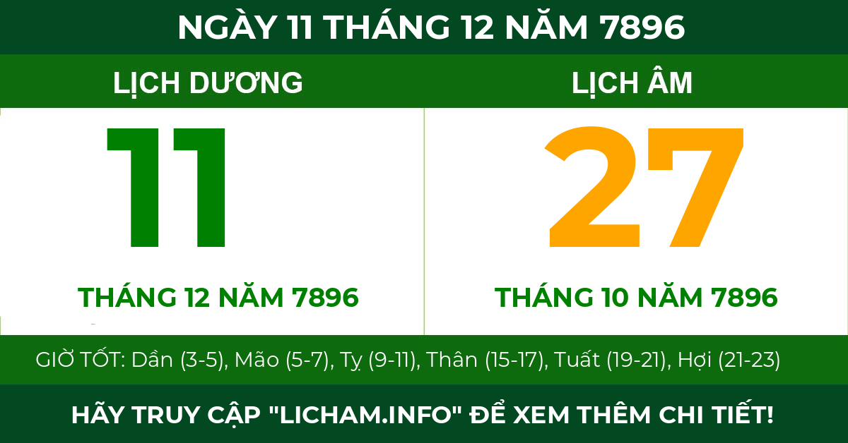lịch âm ngày 11 tháng 12 năm 7896