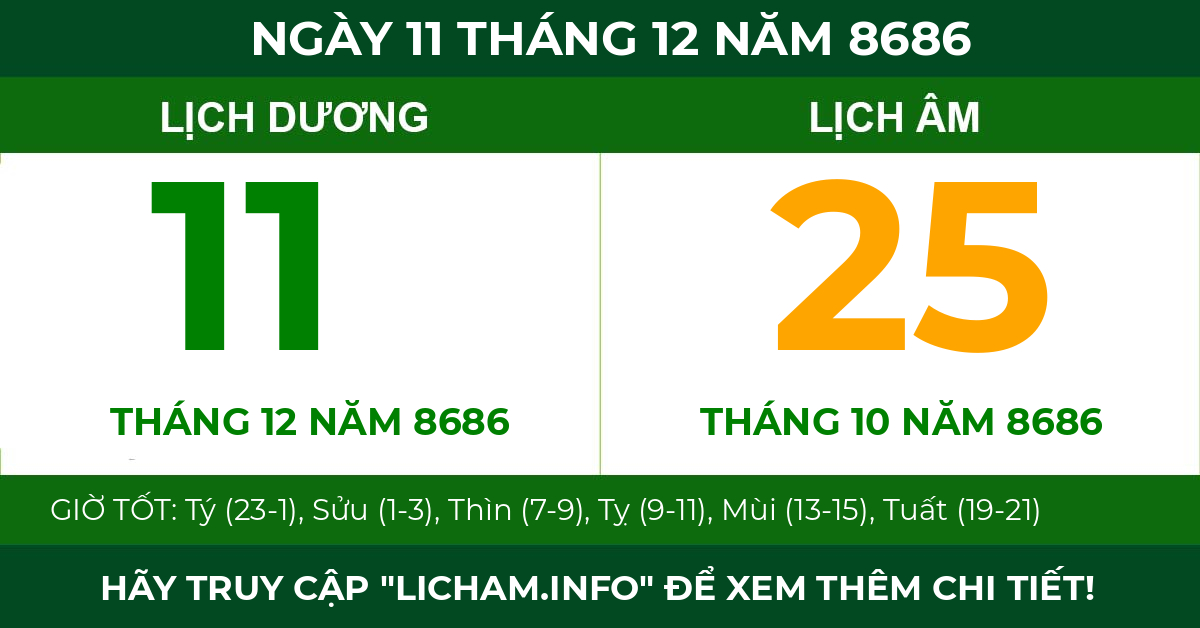 lịch âm ngày 11 tháng 12 năm 8686