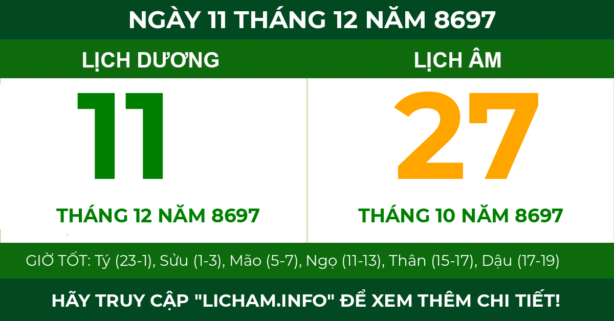 lịch âm ngày 11 tháng 12 năm 8697