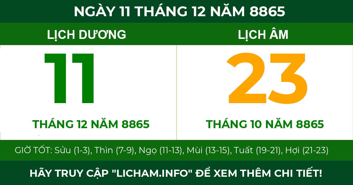 lịch âm ngày 11 tháng 12 năm 8865