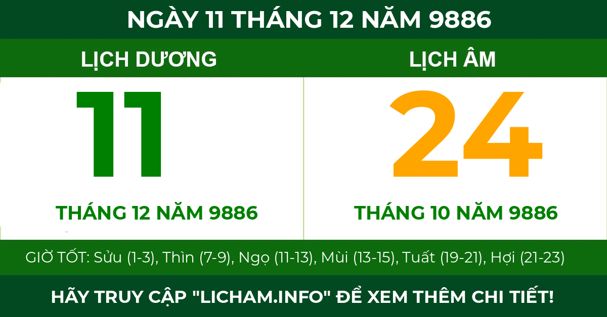 lịch âm ngày 11 tháng 12 năm 9886