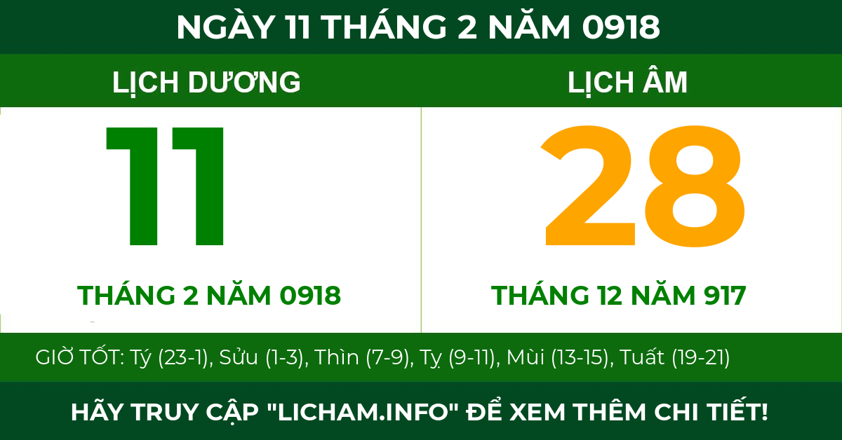 lịch âm ngày 11 tháng 2 năm 0918