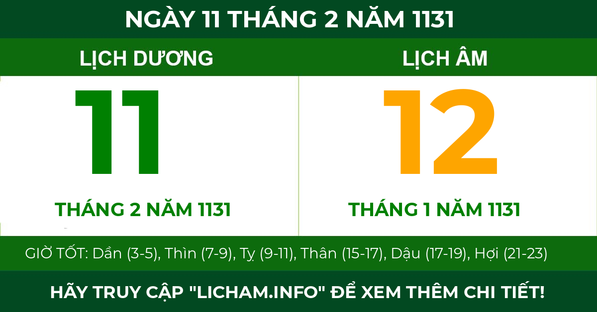 lịch âm ngày 11 tháng 2 năm 1131