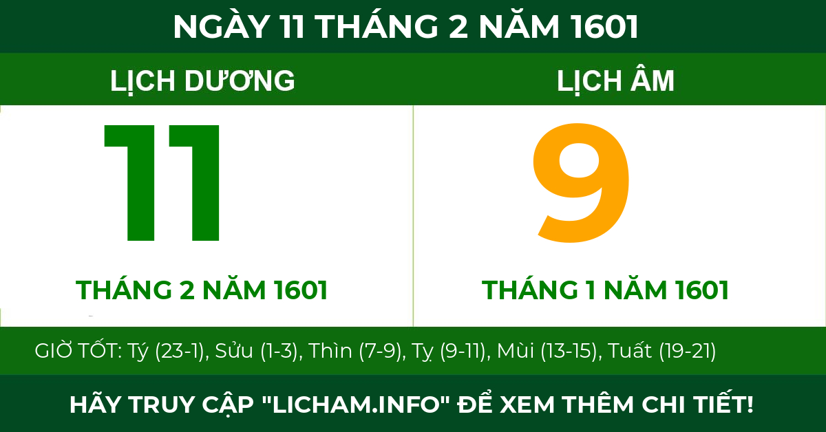 lịch âm ngày 11 tháng 2 năm 1601