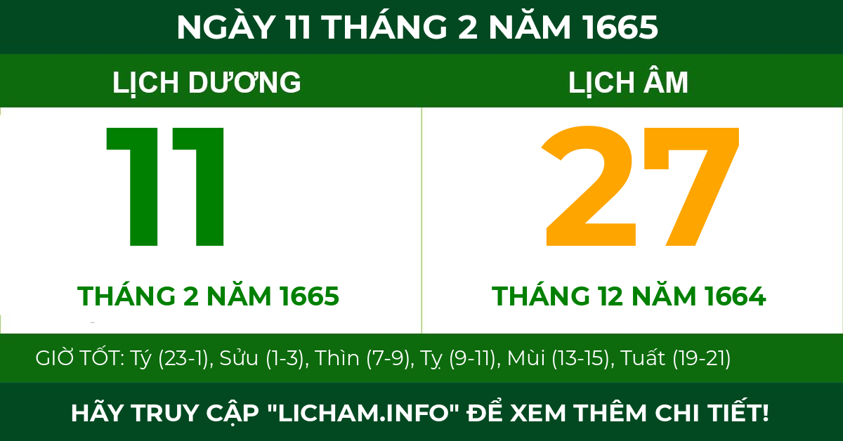 lịch âm ngày 11 tháng 2 năm 1665
