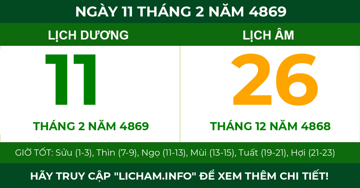 lịch âm ngày 11 tháng 2 năm 4869