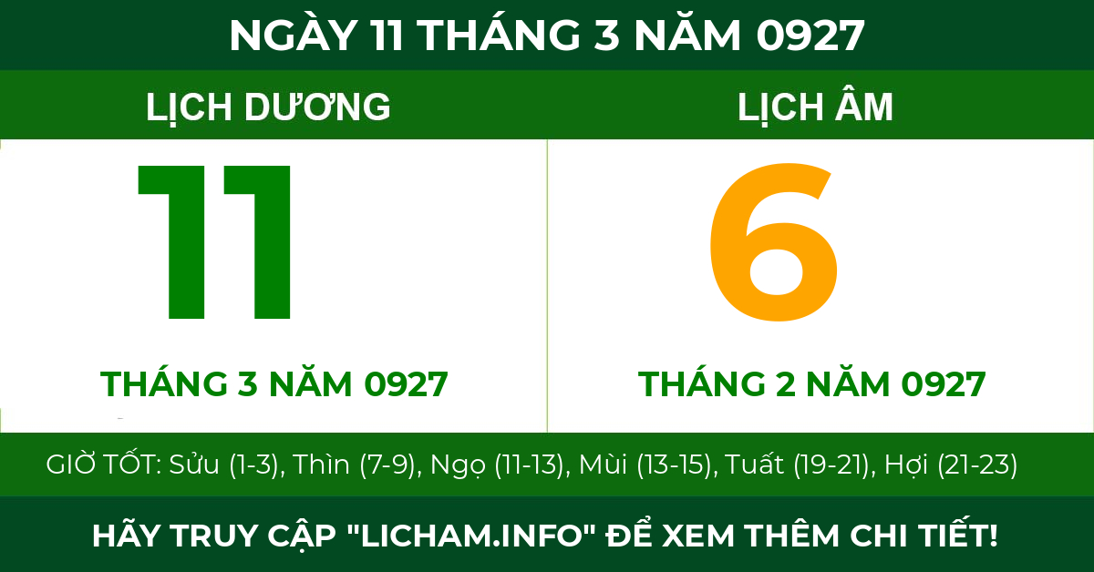 lịch âm ngày 11 tháng 3 năm 0927