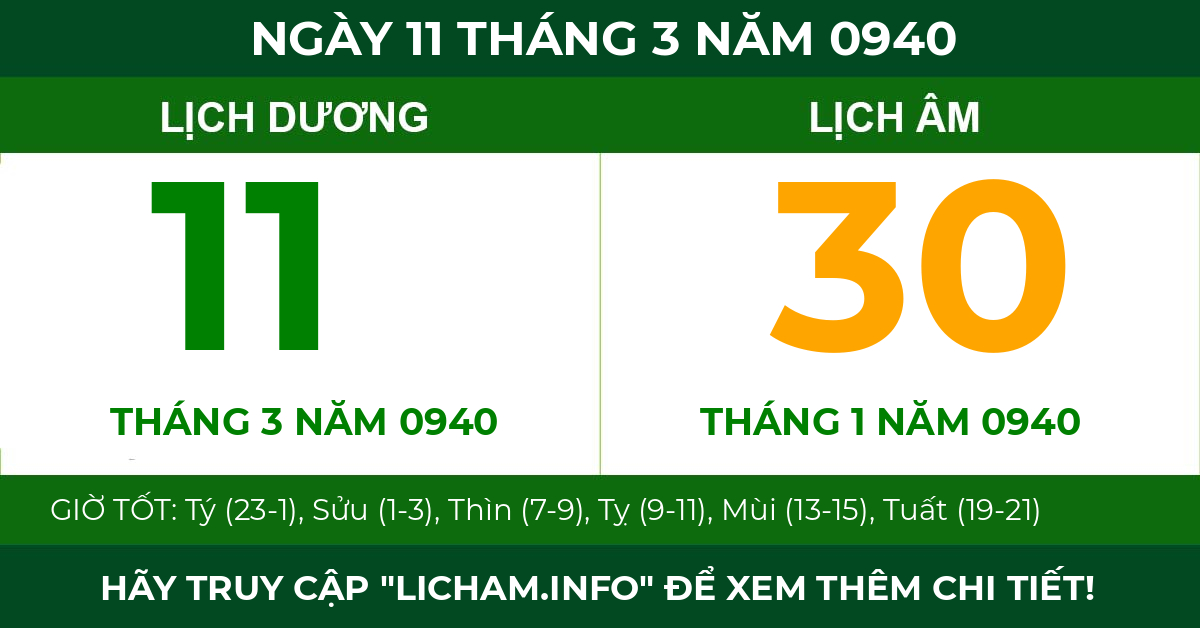 lịch âm ngày 11 tháng 3 năm 0940