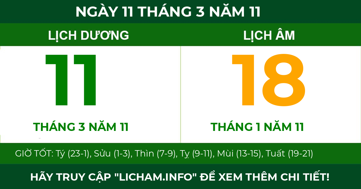 lịch âm ngày 11 tháng 3 năm 11