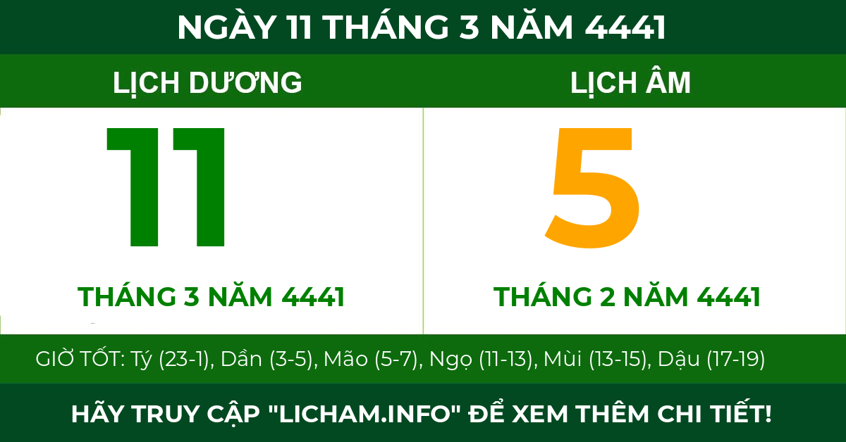 lịch âm ngày 11 tháng 3 năm 4441