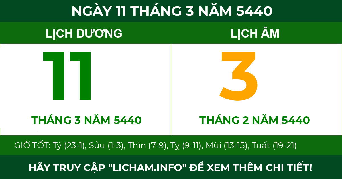 lịch âm ngày 11 tháng 3 năm 5440