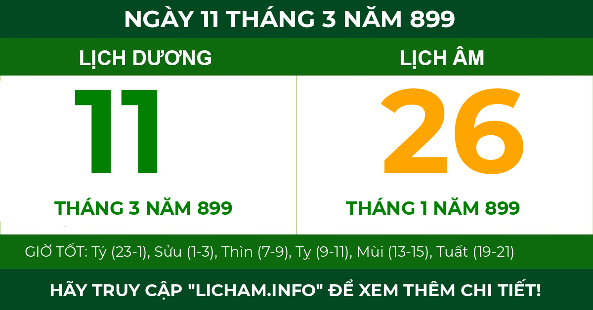 lịch âm ngày 11 tháng 3 năm 899