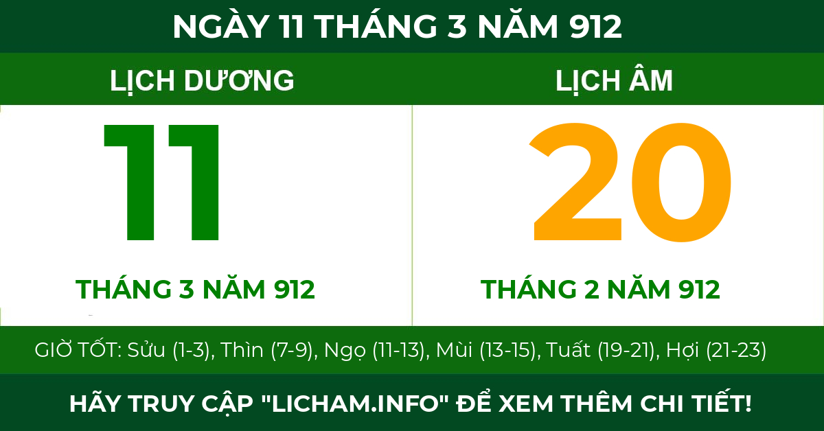 lịch âm ngày 11 tháng 3 năm 912