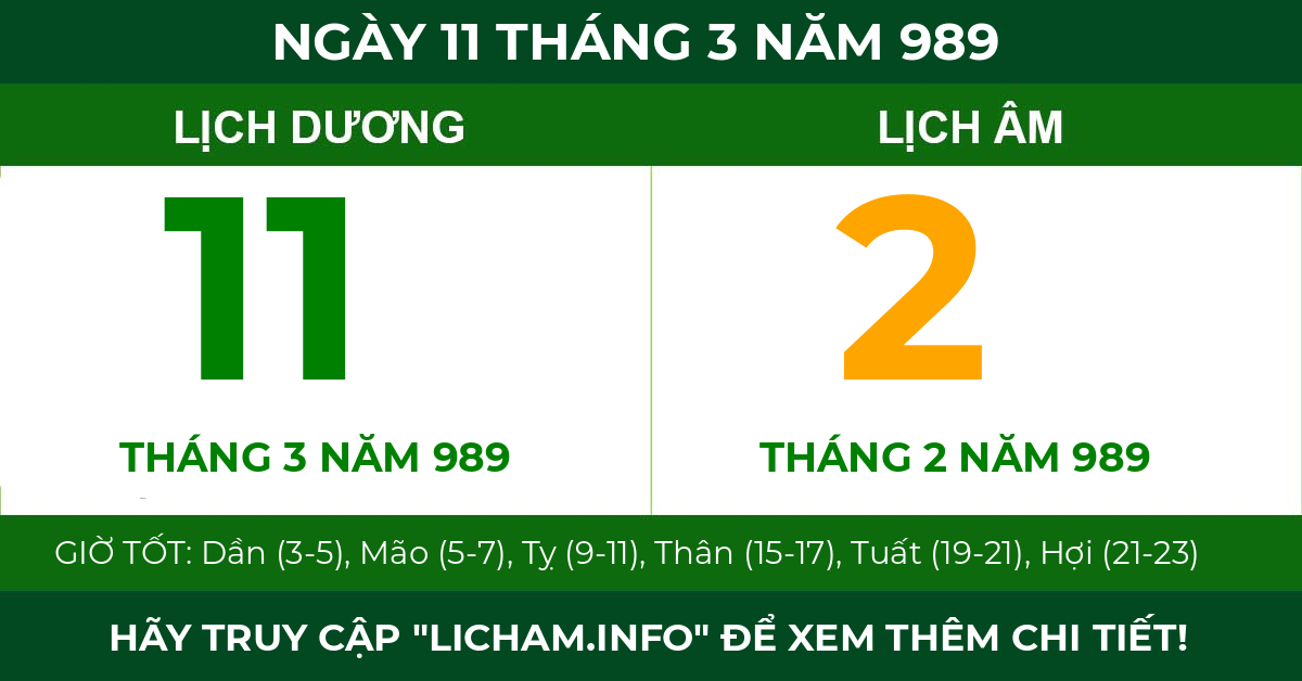 lịch âm ngày 11 tháng 3 năm 989