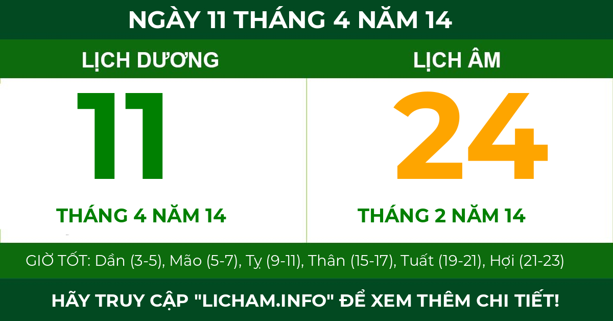 lịch âm ngày 11 tháng 4 năm 14