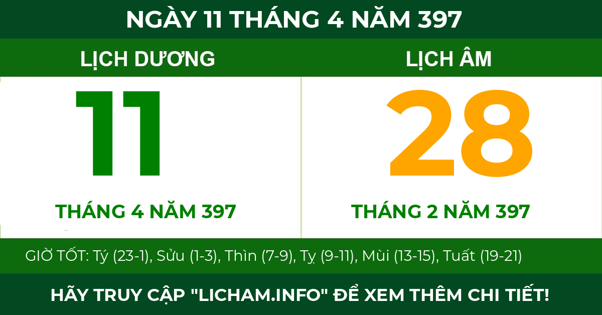 lịch âm ngày 11 tháng 4 năm 397