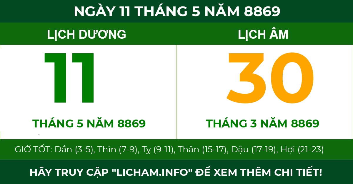 lịch âm ngày 11 tháng 5 năm 8869