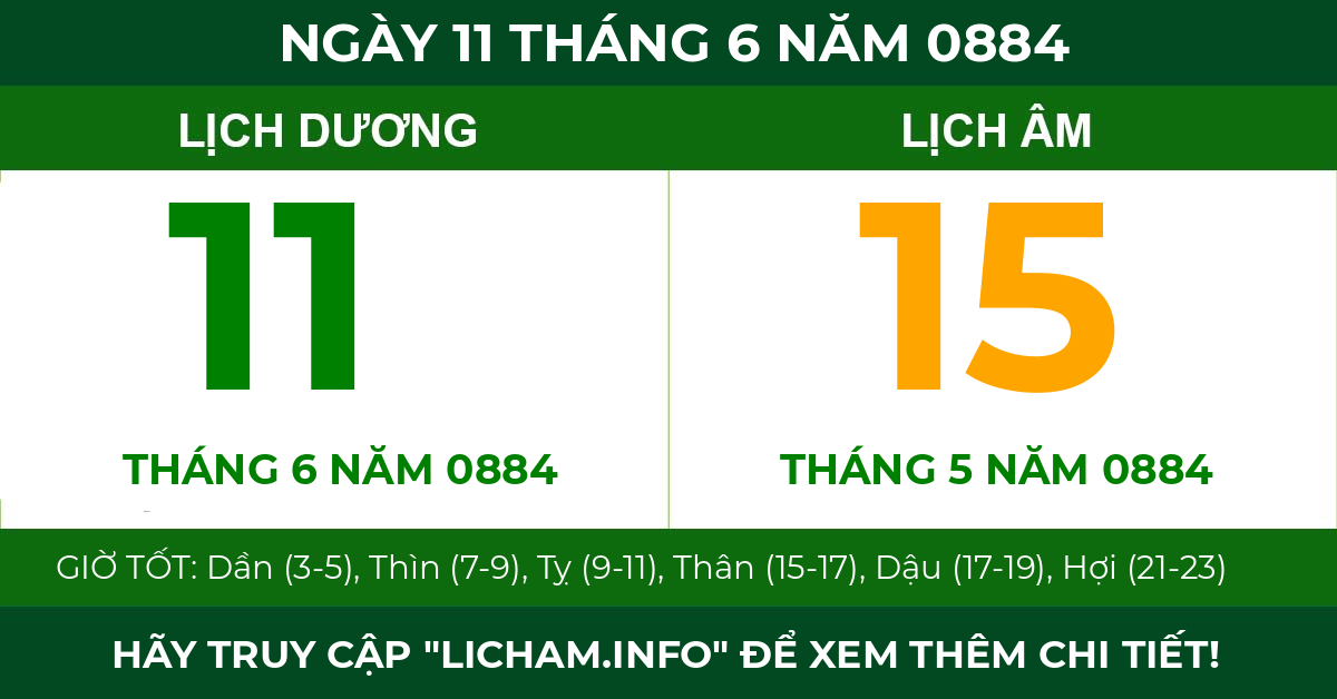 lịch âm ngày 11 tháng 6 năm 0884