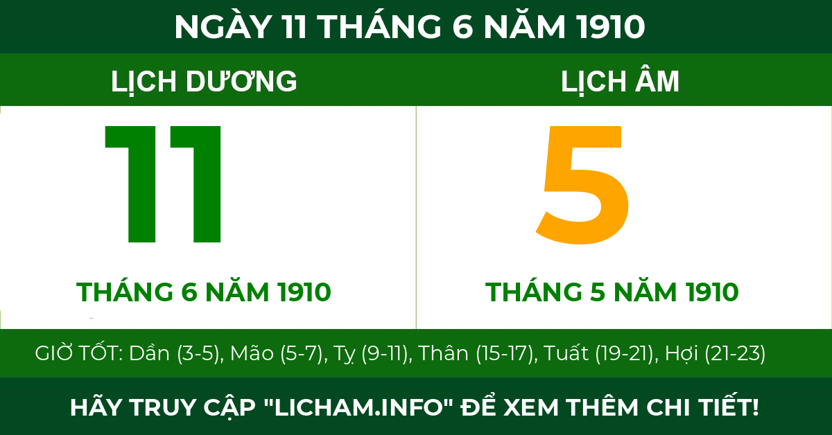lịch âm ngày 11 tháng 6 năm 1910