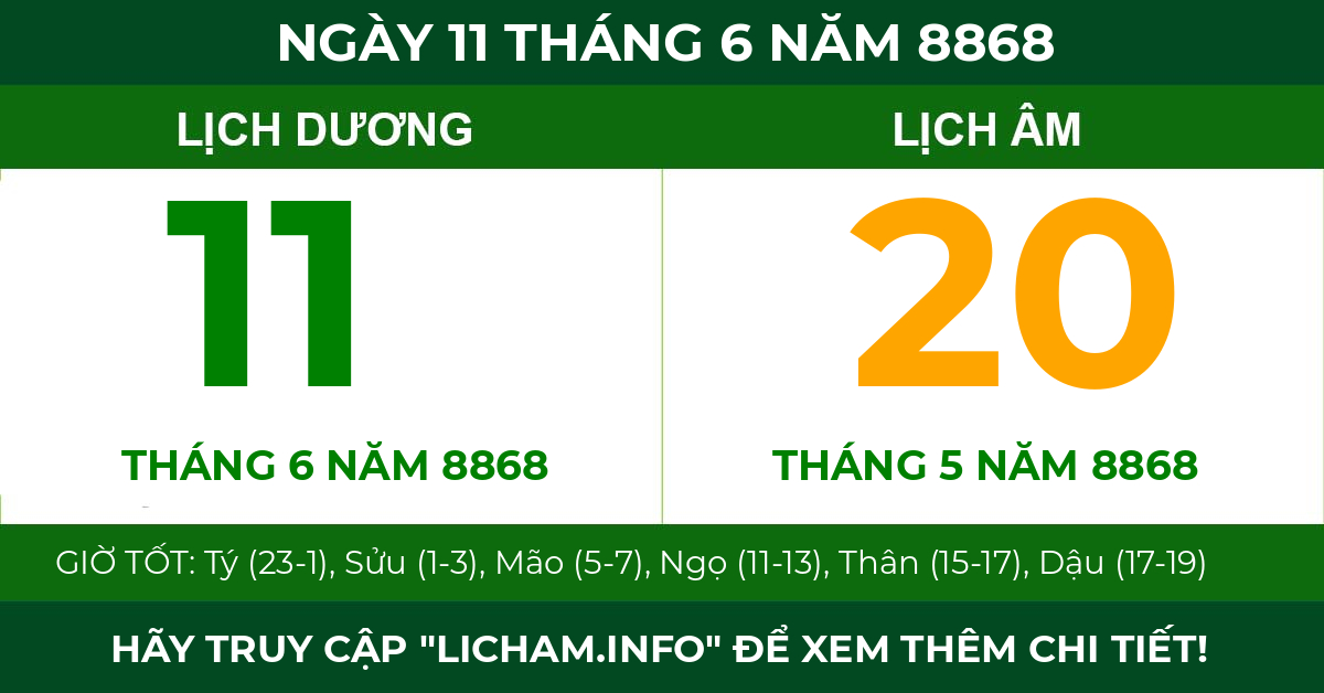 lịch âm ngày 11 tháng 6 năm 8868