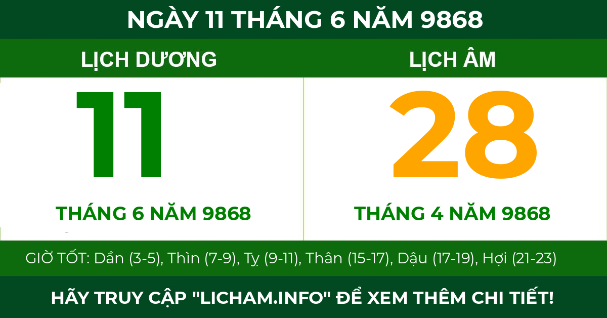 lịch âm ngày 11 tháng 6 năm 9868