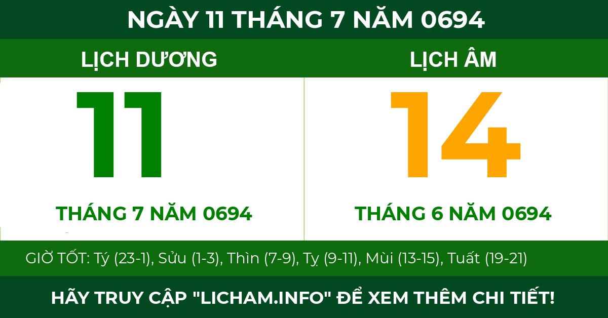 lịch âm ngày 11 tháng 7 năm 0694
