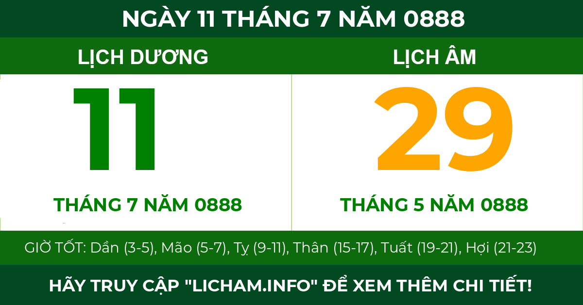 lịch âm ngày 11 tháng 7 năm 0888