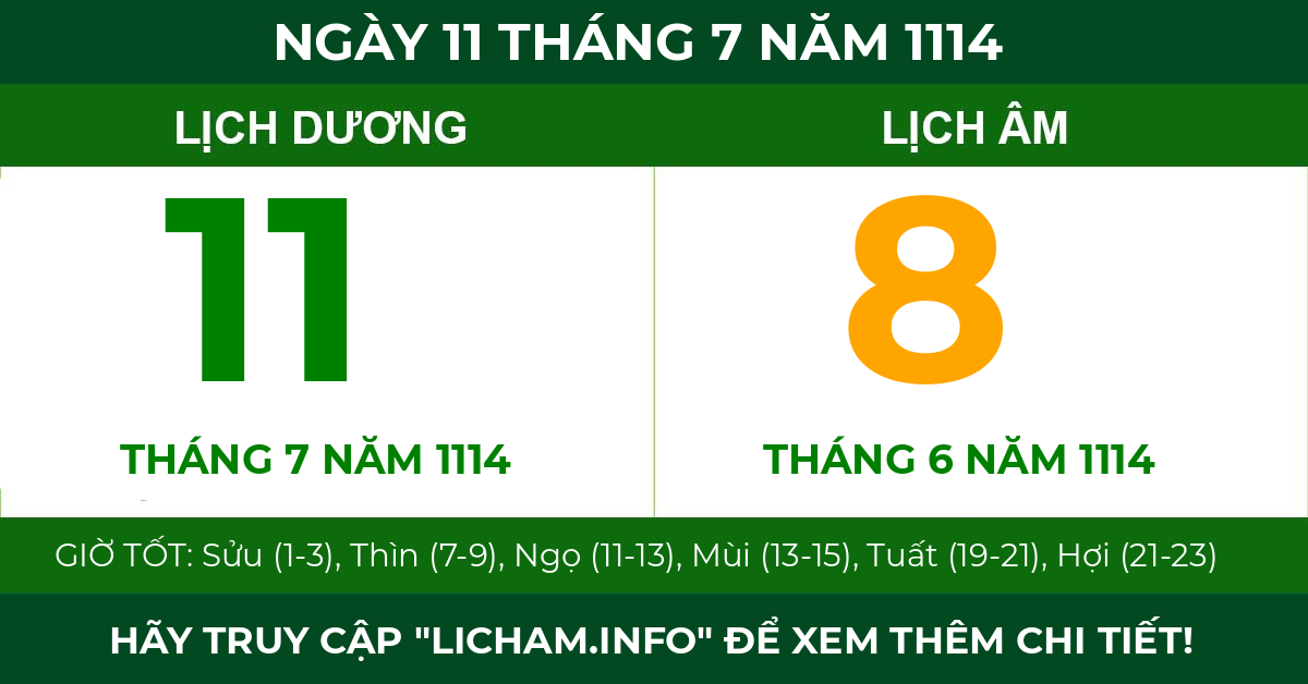 lịch âm ngày 11 tháng 7 năm 1114