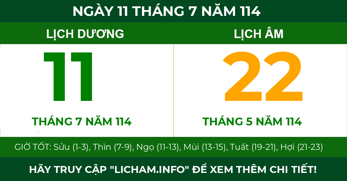 lịch âm ngày 11 tháng 7 năm 114