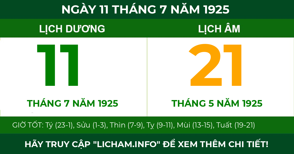 lịch âm ngày 11 tháng 7 năm 1925