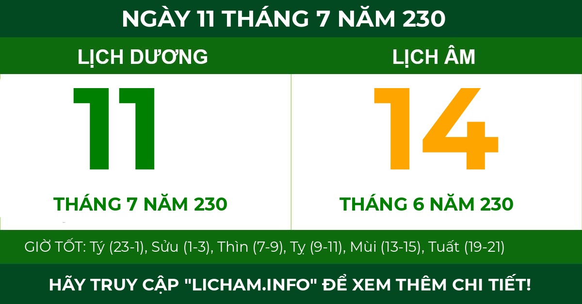 lịch âm ngày 11 tháng 7 năm 230